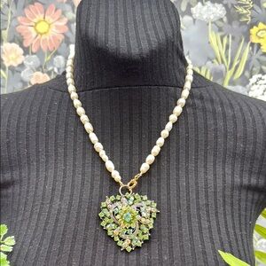 ⭐️Adorned Crown Jewelry assemblage pearl green rhinestone pendant necklace
